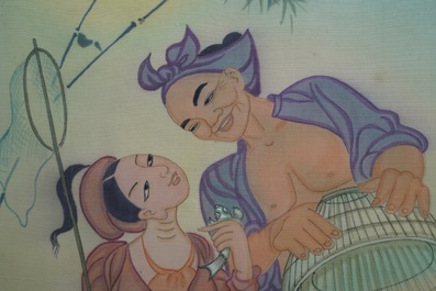 Mai Long (Vietnam, 1931): 'M&egrave;re et enfant' et 'La p&ecirc;che en rivi&egrave;re', encre et couleur sur soie
